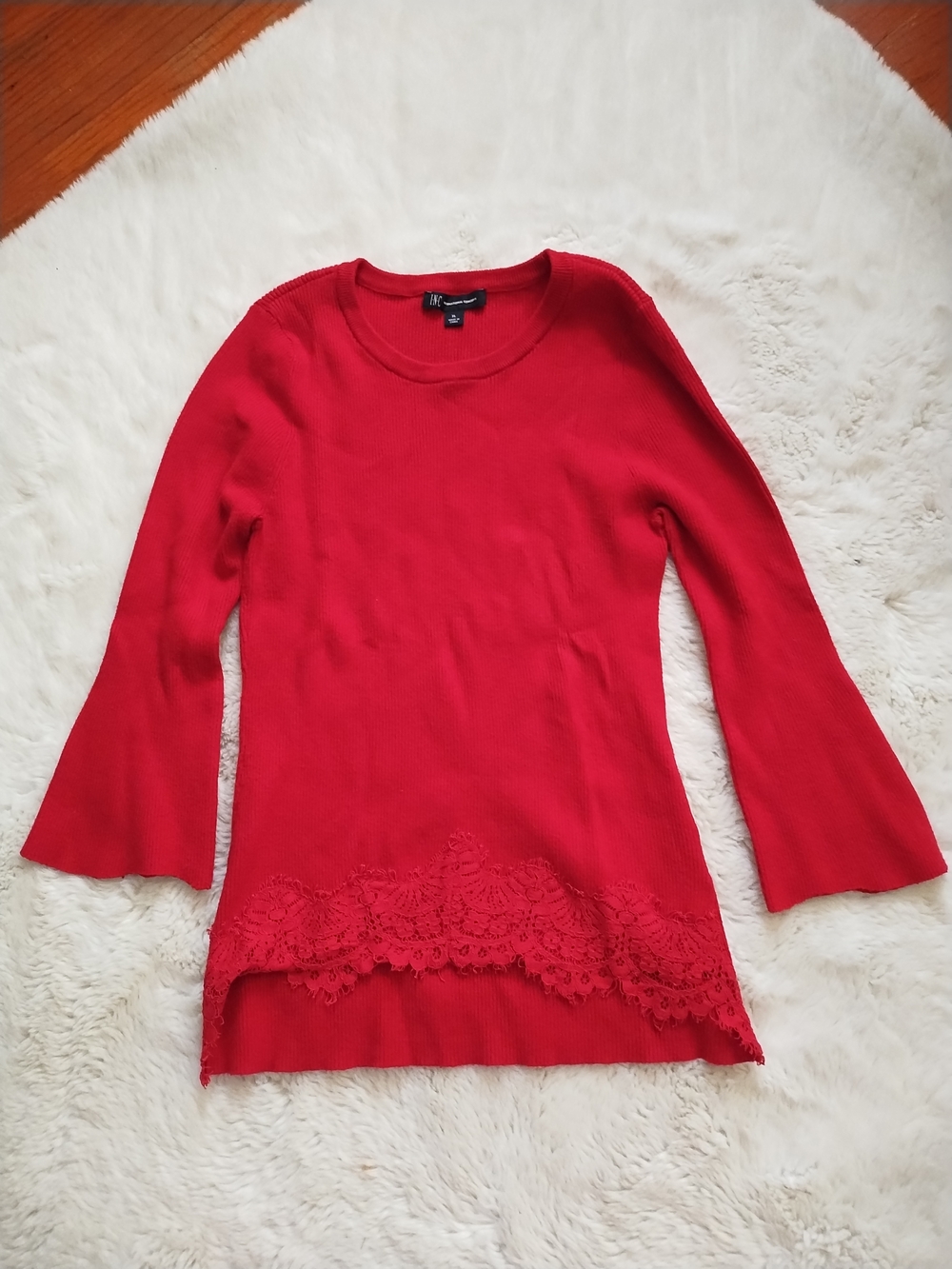 INC International Concepts Red Lace-Hem Ribbed Long Sleeve Top